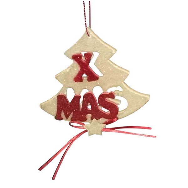 Χριστουγεννιάτικο Κρεμαστό Μπεζ Δεντράκι, με Κόκκινο "XMAS" και Φιόγκο (13cm)